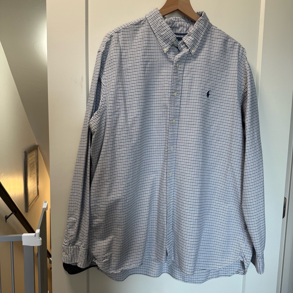 Ralph Lauren Classic Fit Long Sleeve Window Plaid Grid White Blue Dress Shirt